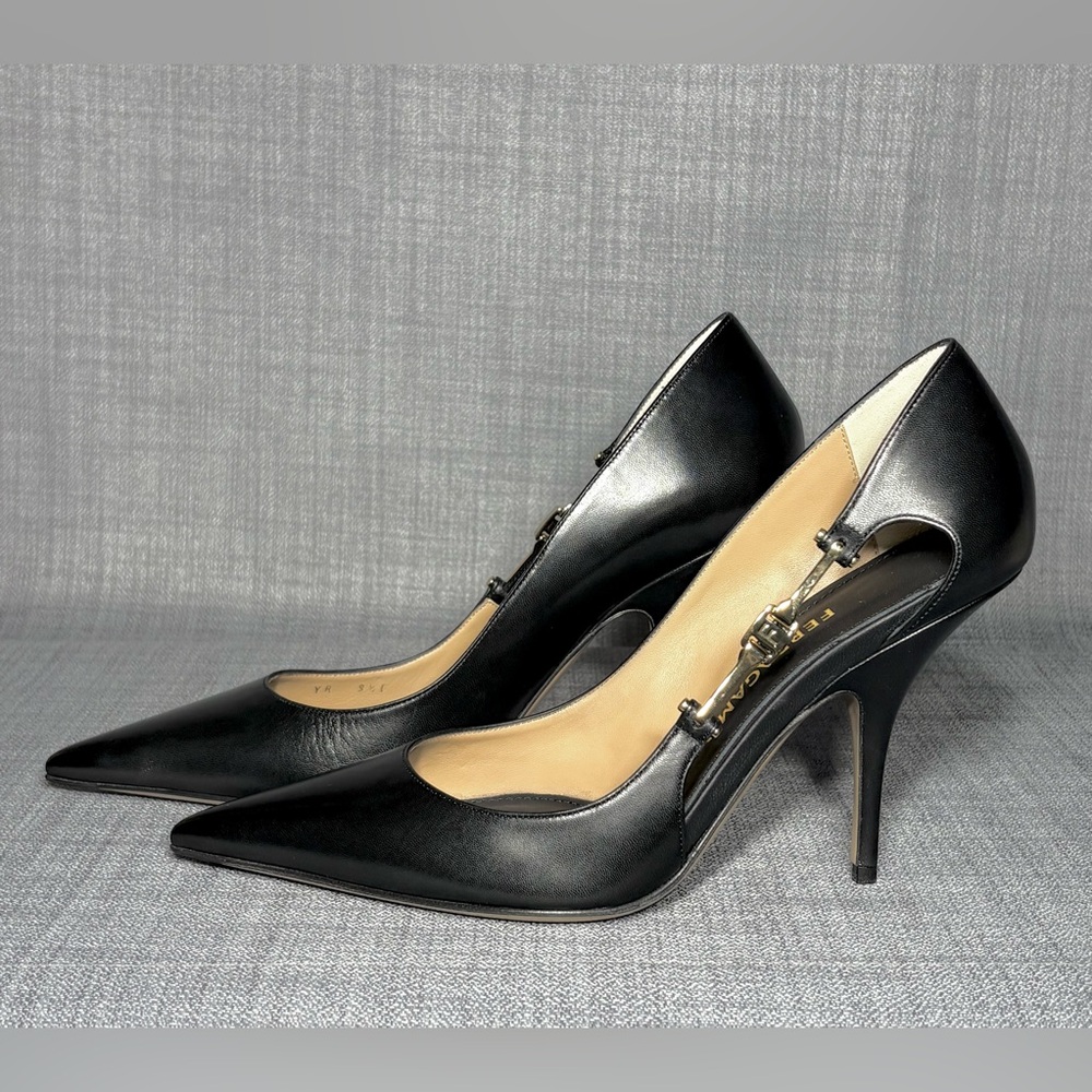 Ferragamo Tulip Pointed Toe Pump Black Leather Size 9.5 - Picture 4 of 8